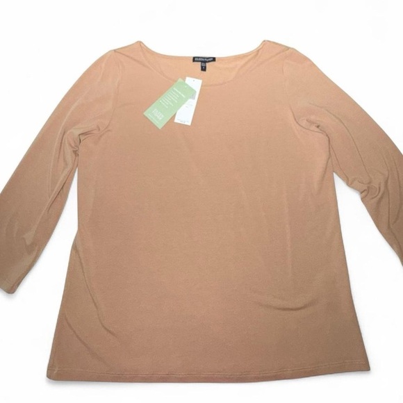 Eileen Fisher Ballet Neck 3/4 Sleeve Viscose Jersey Knit Top Camel Tan Sz S NWT - Picture 2 of 8
